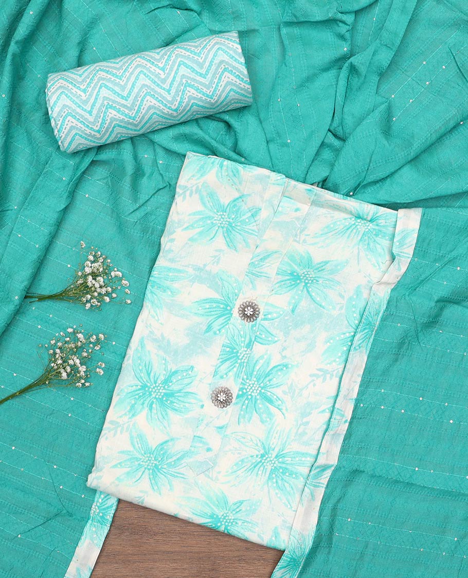 Blue material churidar set, sunflower motifs printed with button stitched cotton top, contrast chevron printed cotton bottom, and textured chanderi dupatta of sequins stripes