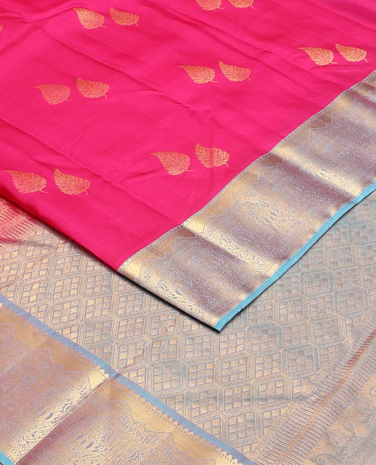 Pink leaf zari buttas vasundhara silk mix saree, contrast border of rekku,muthu & manga design & zari-rich jaal design pallu
