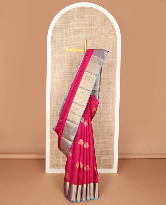 Pink leaf zari buttas vasundhara silk mix saree, contrast border of rekku,muthu & manga design & zari-rich jaal design pallu