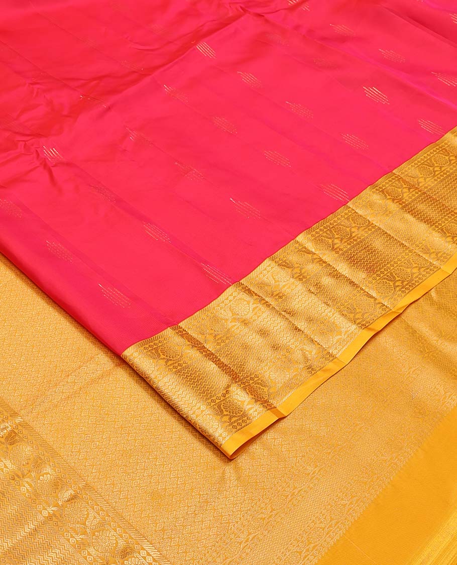 Pink zari buttas Vasundhara silk mix saree, contrast border of banaras, vanki and kodi visiry, and intricate pallu