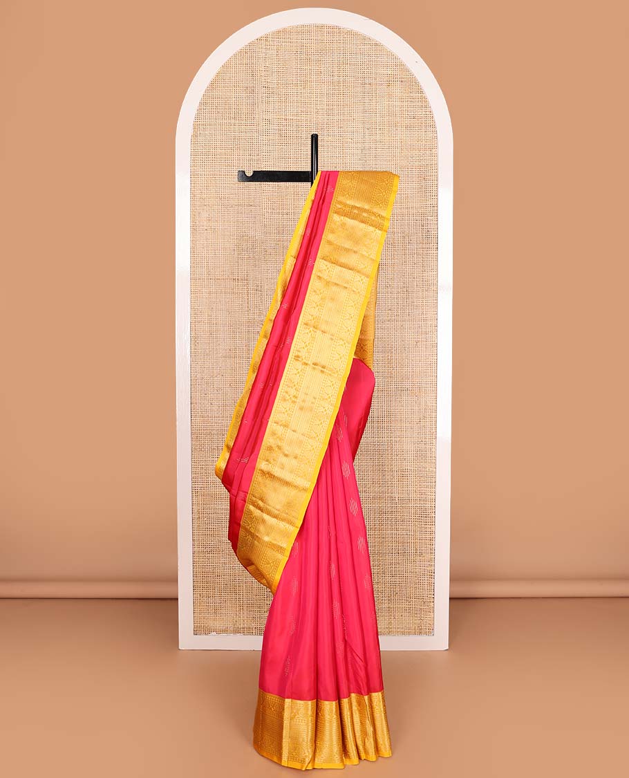 Pink zari buttas Vasundhara silk mix saree, contrast border of banaras, vanki and kodi visiry, and intricate pallu