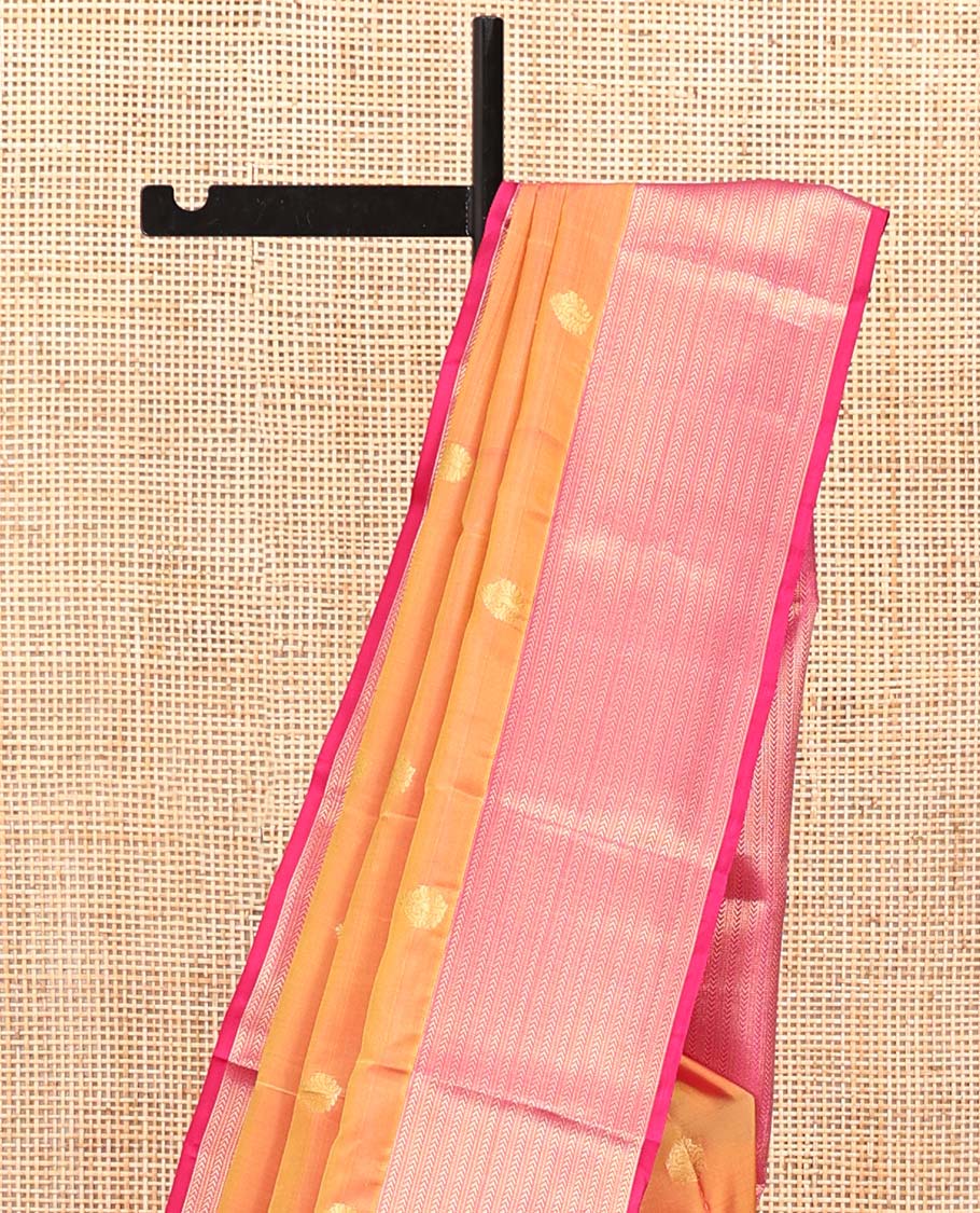 Orange Vasundhara Silk Mix Saree, Decked Up with Zari Buttas All Over Its Body, Complemented by Contrast Border of Muthu and Kathir Designs, Geometric Patterned Pallu and Paired with a Contrast Blouse