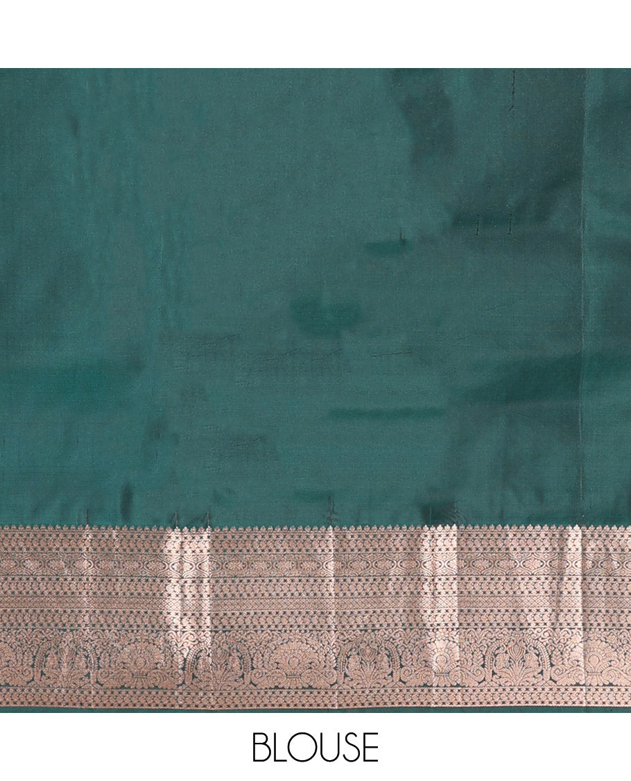 Red Vasundhara Silk Saree Accentuated with Zari Buttas All Over Its Body, Highlighted with a Contrast Border of Traditional Zari Designs, Pallu Delicately Woven with Jaal Designs, and Paired with a Contrast Blouse