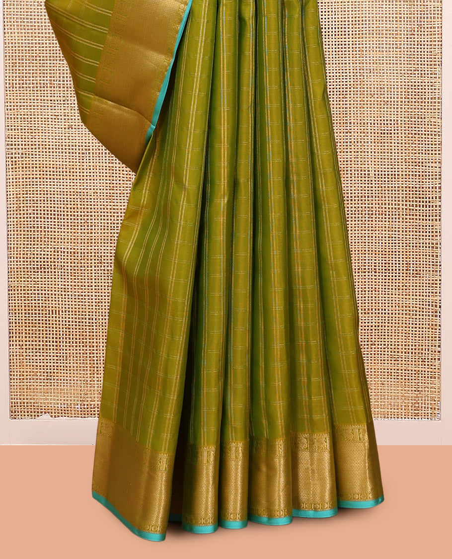 Green Vasundhara Silk Saree, Woven with Zari Checks, a Zari Border of Mayil, Kuthirai, Muthu, Mayil Kann and Rudraksham Designs, Grand Pallu, and a Contrast Blouse