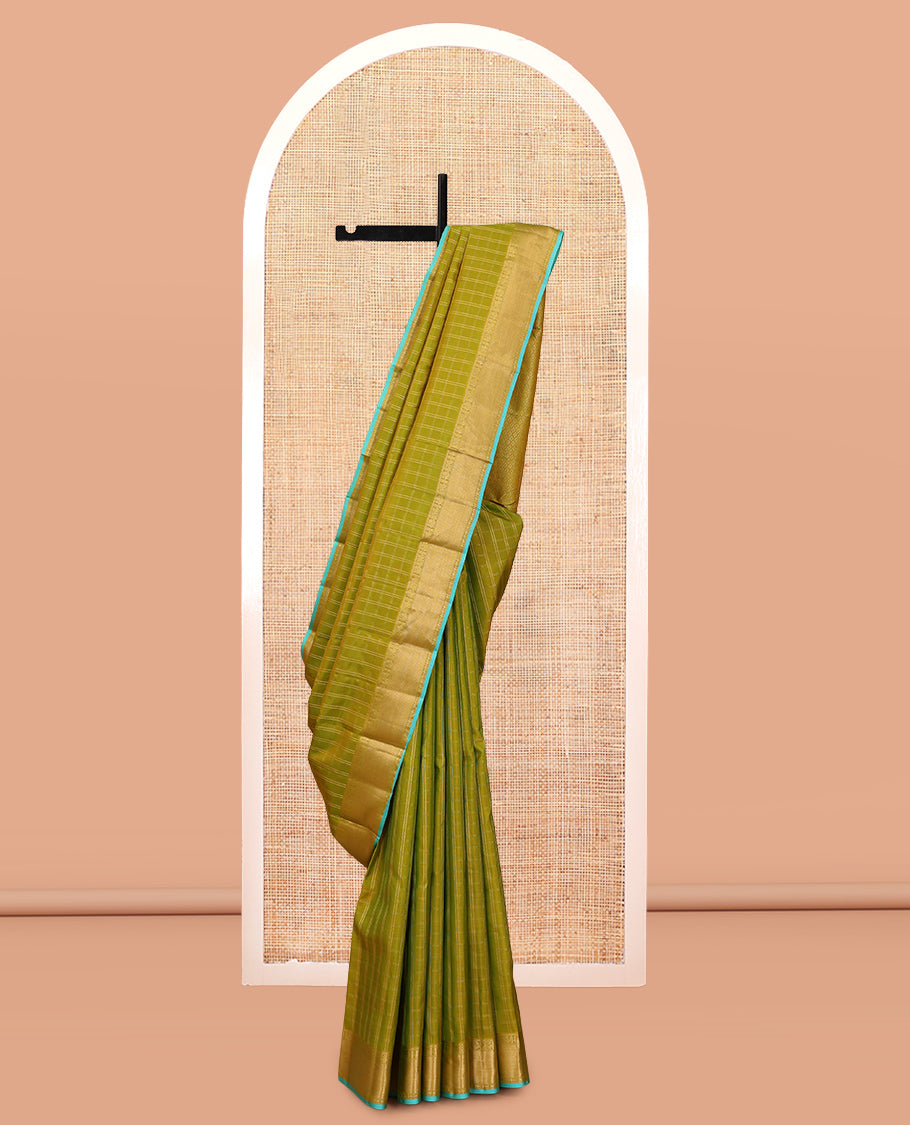 Green Vasundhara Silk Saree, Woven with Zari Checks, a Zari Border of Mayil, Kuthirai, Muthu, Mayil Kann and Rudraksham Designs, Grand Pallu, and a Contrast Blouse