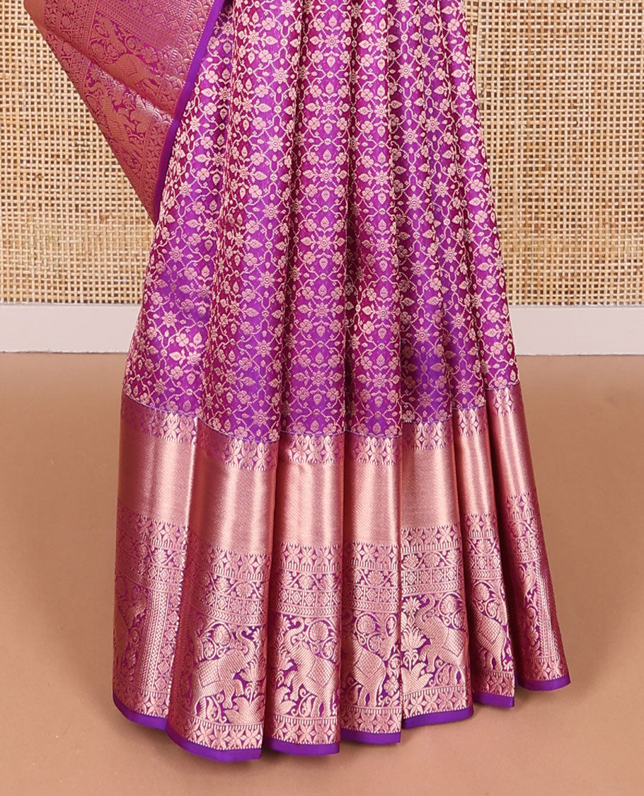 Purple jacquard kancheepuram silk saree with self border of intricate zari design & floral design pallu
