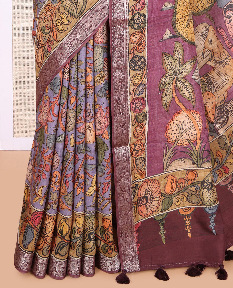 Lavender Kalamkari Printed Fancy Tussar Saree