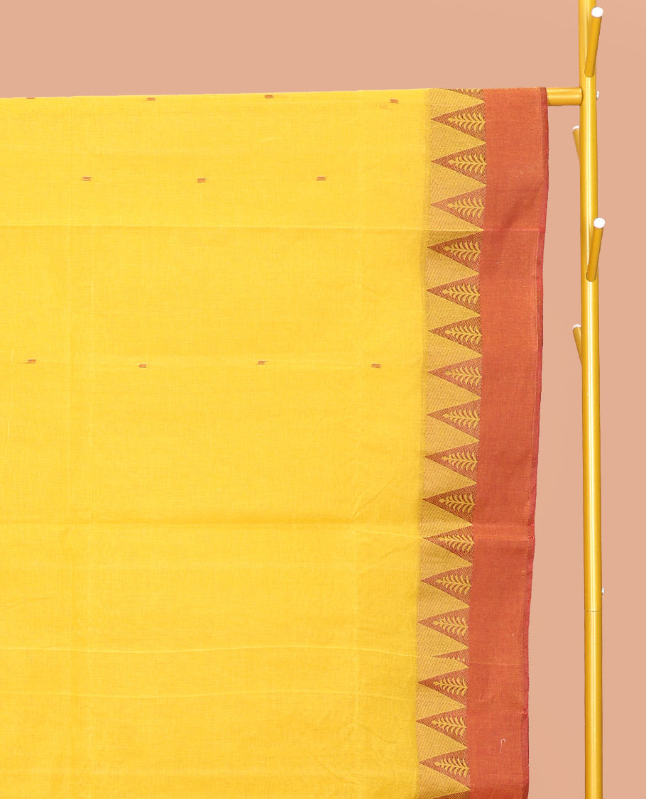 Yellow Bengal Cotton Saree, Adorned with Thread Buttas, Contrast Temple Border, Pallu of Stripes and Buttas, and Matching Blouse