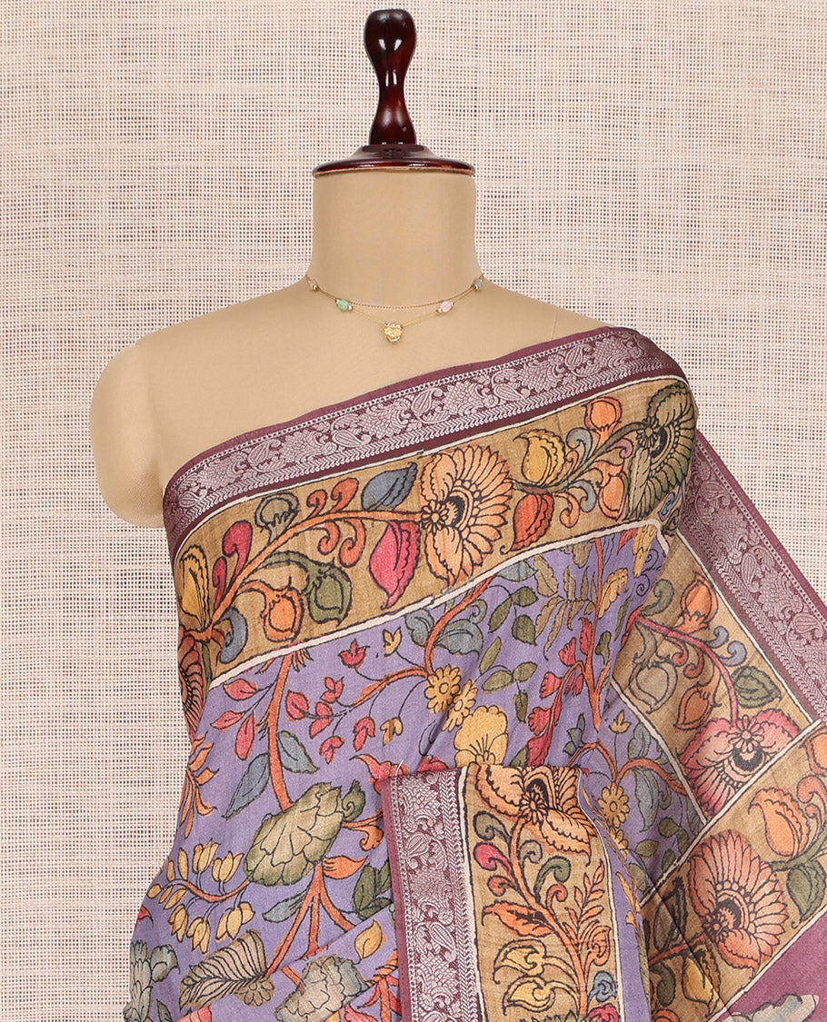 Lavender Kalamkari Printed Fancy Tussar Saree