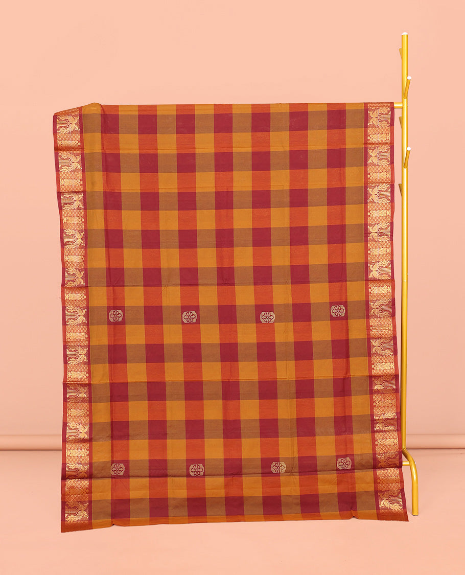 Red-Orange Chettinad Cotton Saree, Woven with Checks and Buttas, Highlighted by Peacock Border, Striped Pallu, and No Blouse