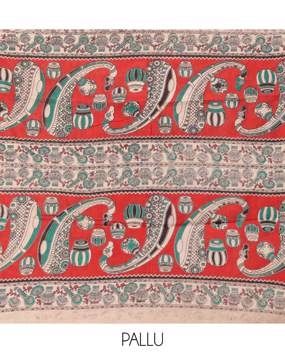 Multi-Color Kalamkari Cotton Saree, Adorned with Floral Vine Print, Contrast Printed Border, Pallu of Paisley and Music Instument Motifs, and a Matching Blouse