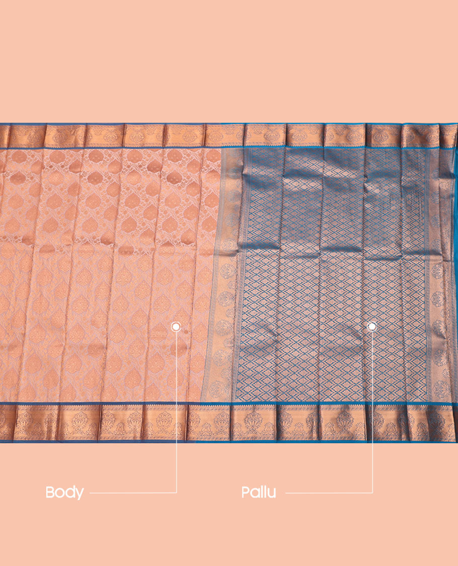 Peach Budget Silk Saree Featuring Jacquard, Complemented by Contrast Traditional Zari Border, Grand Jaal Pallu, and a Contrast Blouse