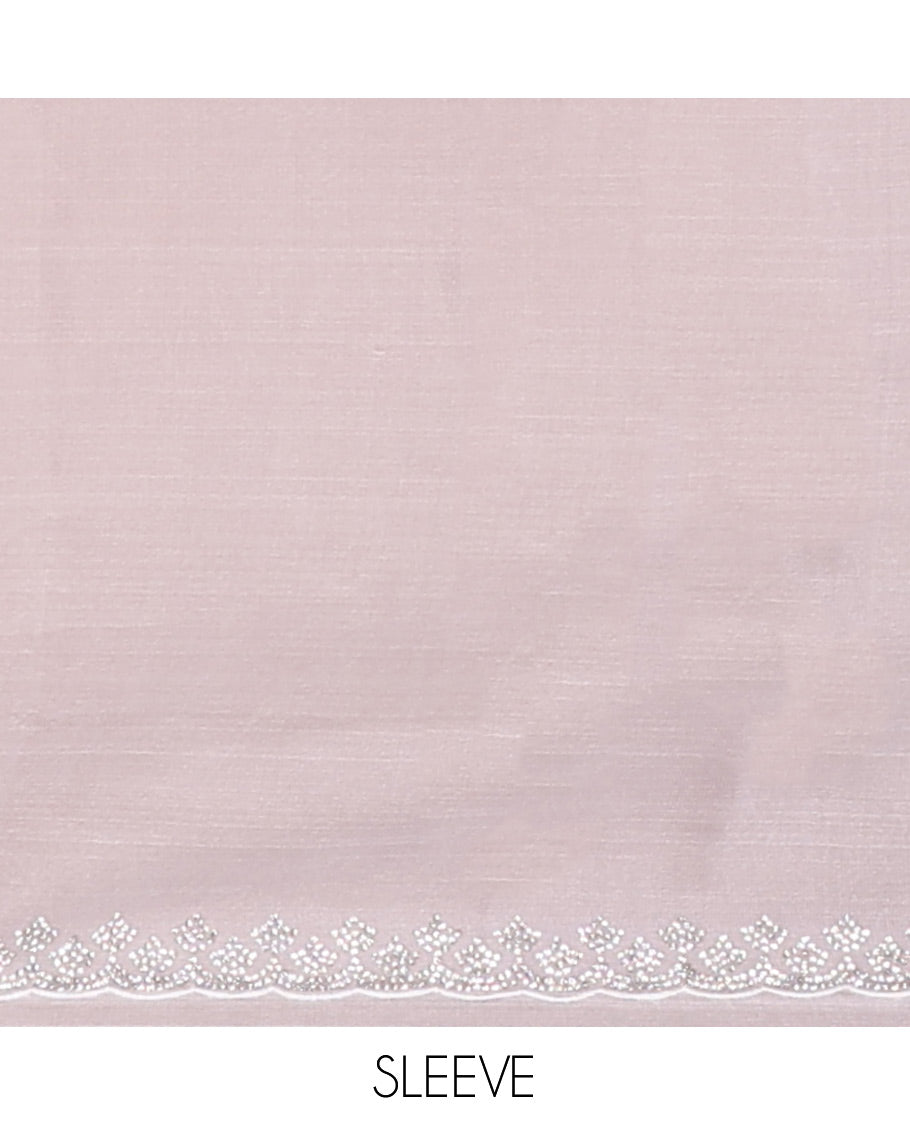 Silver Grey Turkey Organza Saree, Crafted with Floral-themed Rose Gold Threadwork, Swarovski Stonework Border, and Matching Blouse
