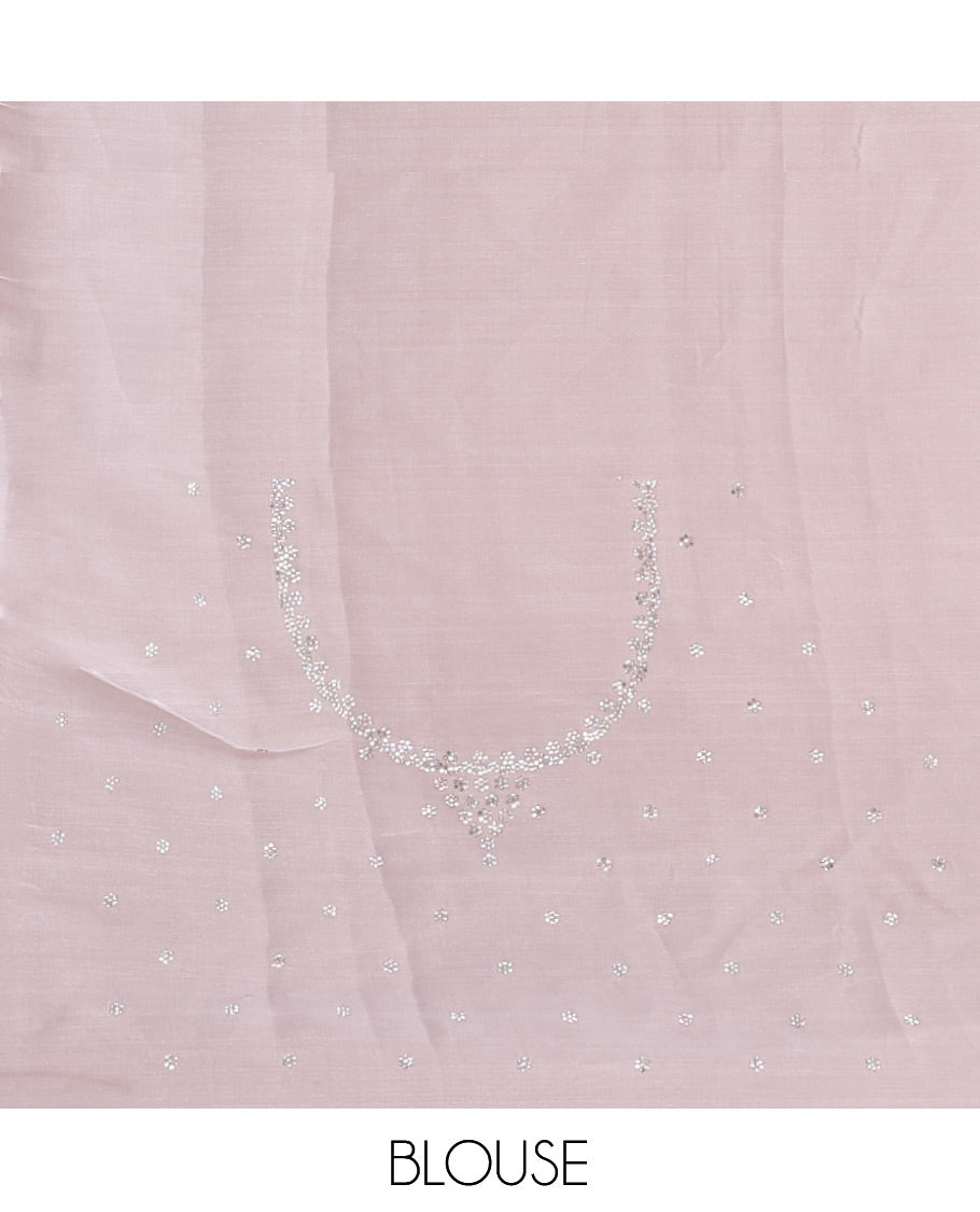 Silver Grey Turkey Organza Saree, Crafted with Floral-themed Rose Gold Threadwork, Swarovski Stonework Border, and Matching Blouse