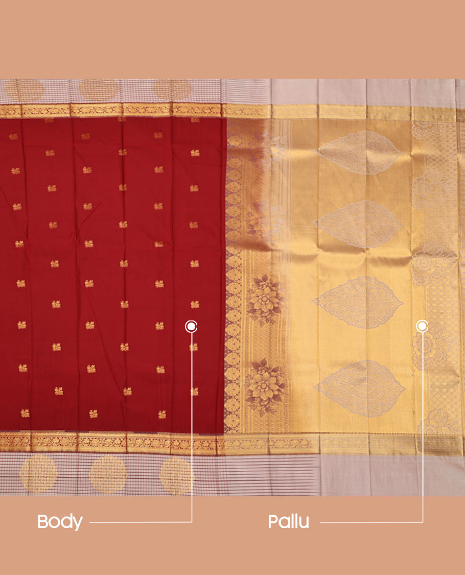 Dark Red Budget Silk Saree, Detailed with Zari Buttas, Complemented by Contrast Traditional Zari Border, Grand Pallu, and a Contrast Blouse