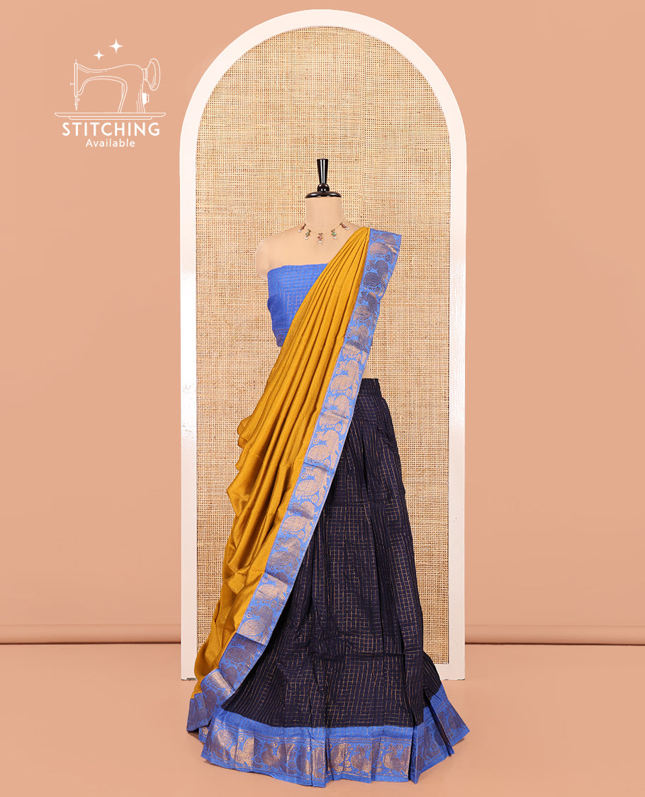 Navy Blue-Blue Sungudi Cotton Half-Saree Set Features Zari-Checks Skirt, Contrast Peacock Zari Border, Contrast Blouse, and Contrast Syska Georgette Dupatta