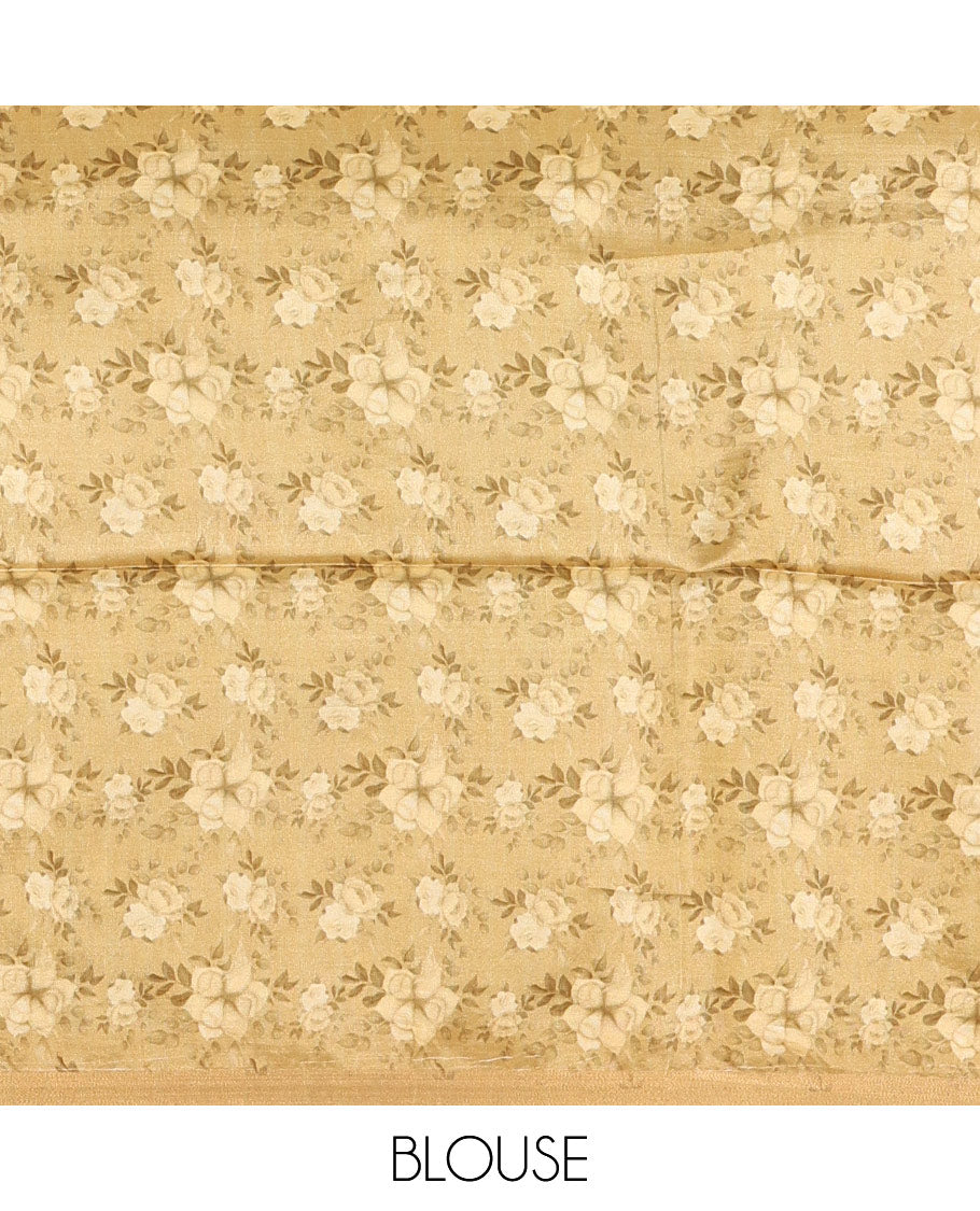 Half-white floral motifs digital printed banana pith saree, piping border, striped pallu, and floral printed blouse