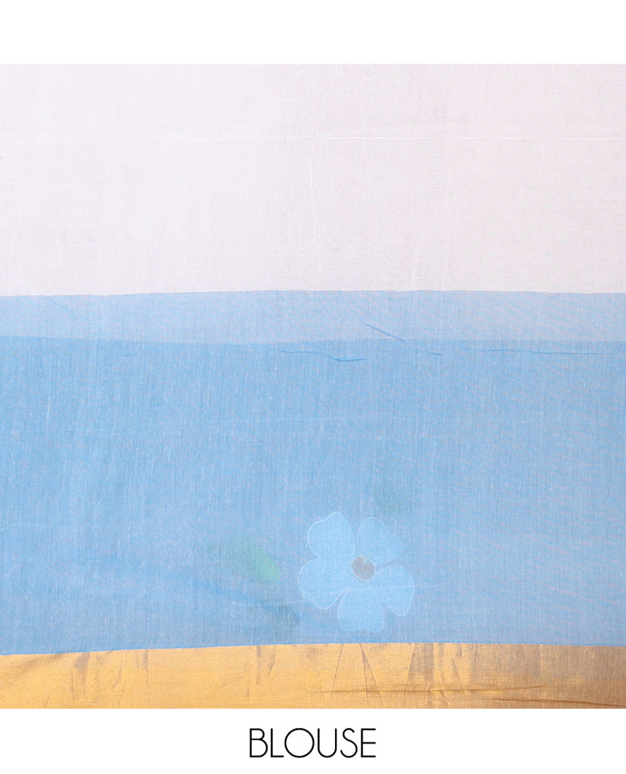 White and Blue Khadi Mul Cotton Saree, Adorned with Hand-Brush Painting-Style Floral Block Printed Body, a Subtle Gold Zari Border, a Self-Pallu, and Paired with a Matching Blouse