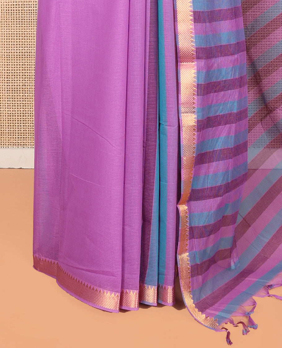Purple Plain Andhra Cotton Saree Featuring Temple Zari Border, Contrast Striped Pallu, and a Contrast Blouse