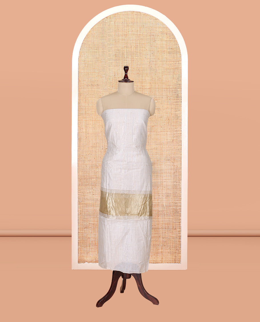 Cream Banarasi Chanderi Material Churidar Subtly Sparkled with Buttas Top, a Plain Bottom, and a Matching Dupatta