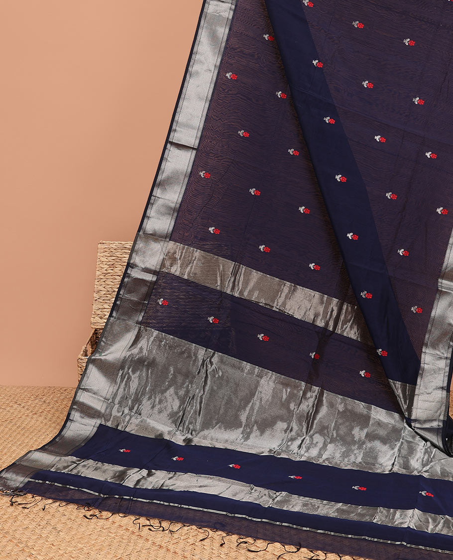 Blue Maheshwari cotton saree with floral buttas, traditional zari border & zari striped pallu