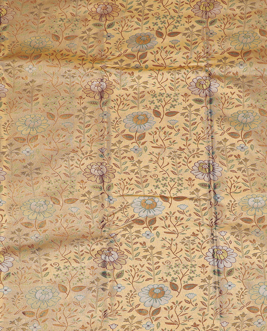 Beige art silk pavadai material set, floral jacquard pavadai, contrast blouse & traditional zari border