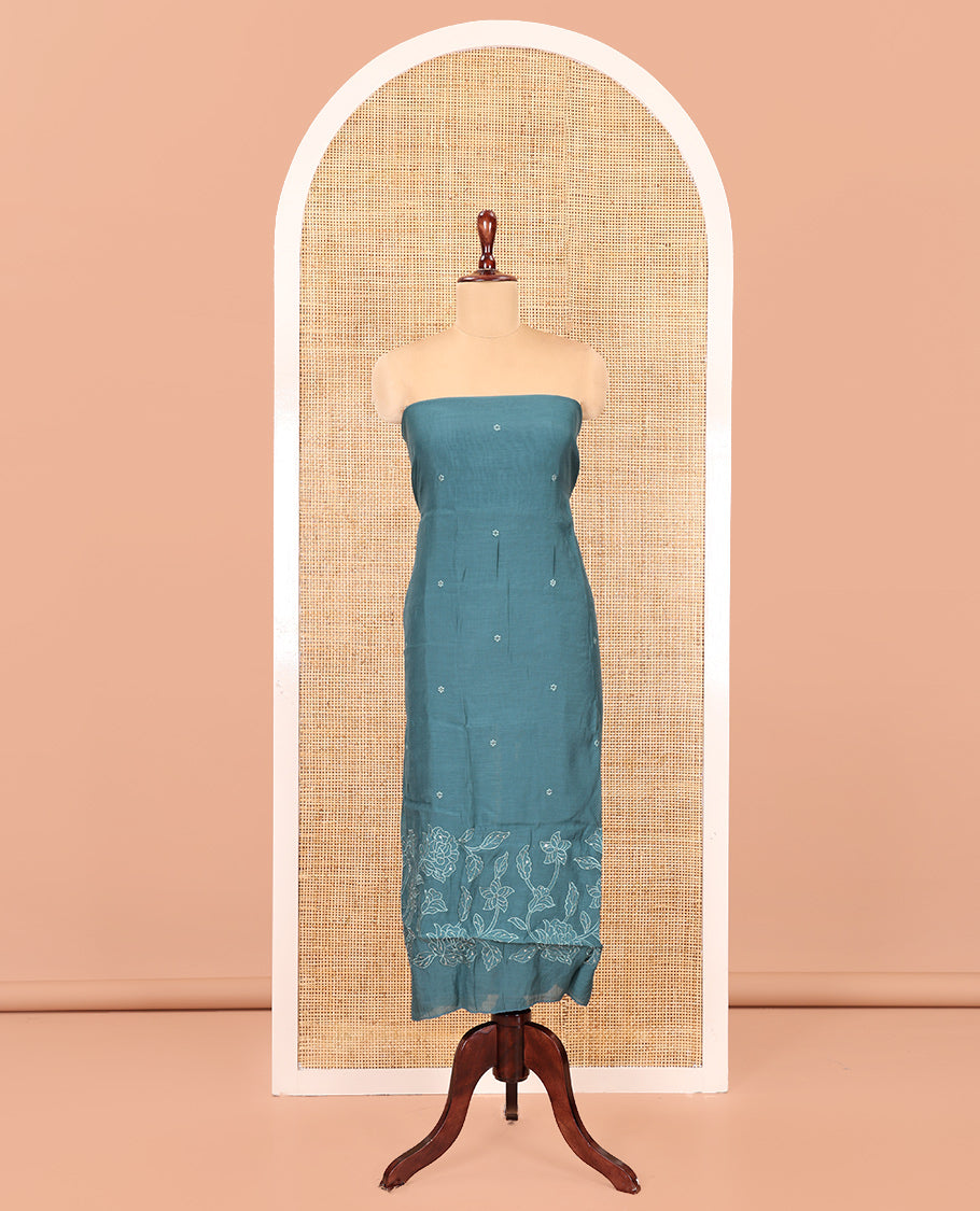 Sea Blue Mul Chanderi Material Chudidar Set, Floral Embroidered Top, Plain Bottom, and Scallop Embroidered Dupatta