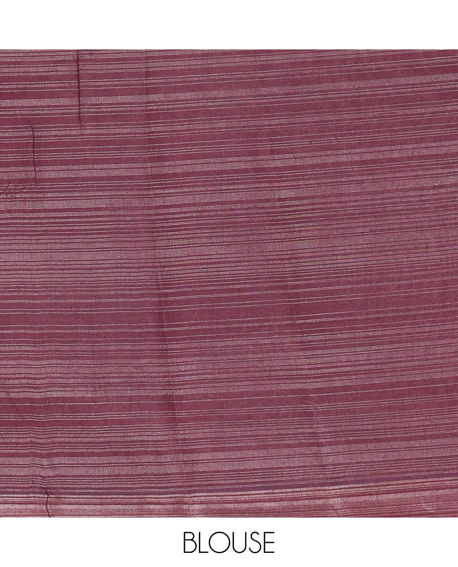 Purple Linen Cotton Saree Enlivened with Shibori Print, Complemented by a Contrast Plain Border, Featuring a Shibori-Printed Pallu, Paired with a Contrast Blouse