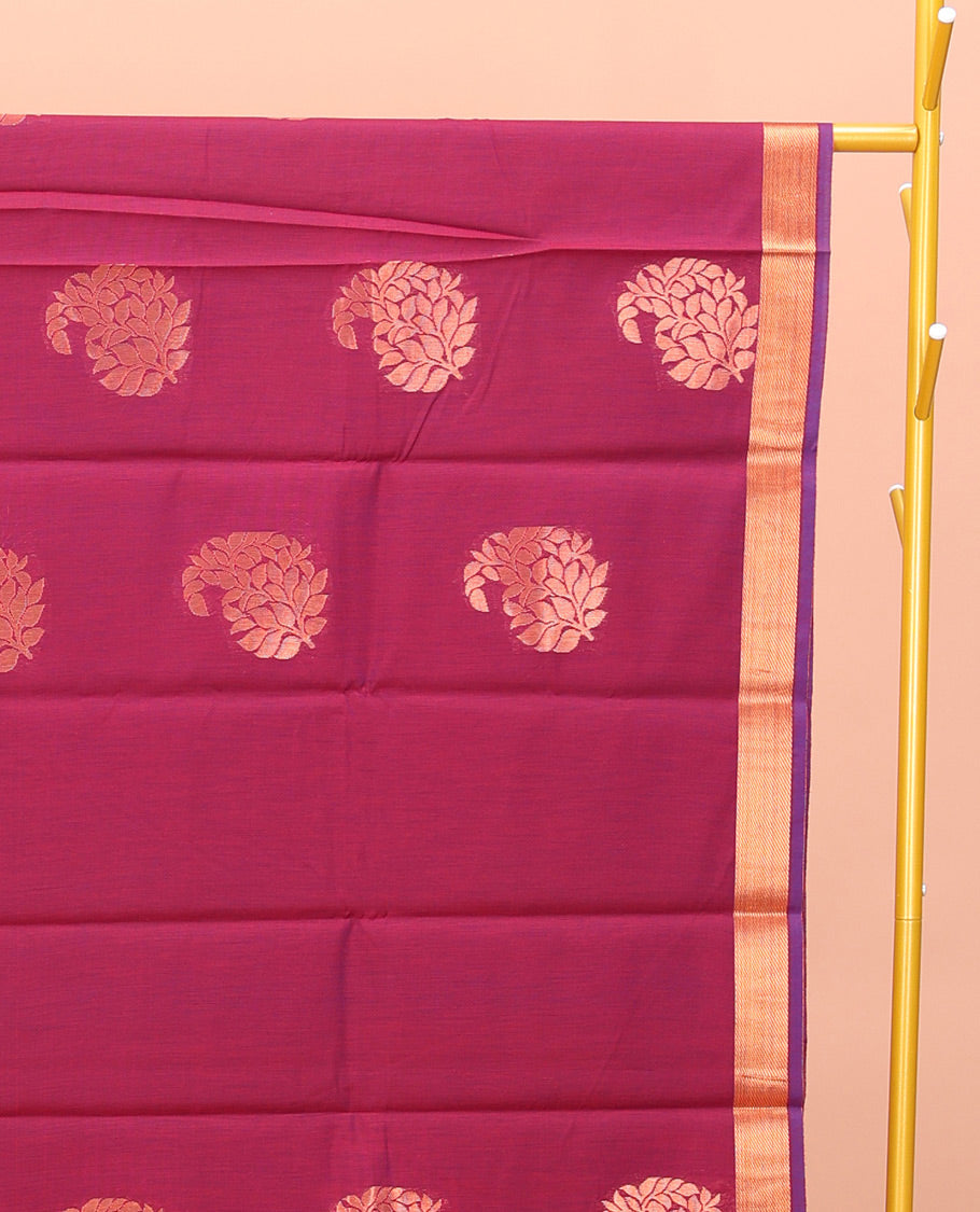Red Semi-Silk Cotton Saree, Finely Woven with Paisley Zari Buttas All Over Its Body, Complemented by a Contrast Border, Intricately Designed Pallu, and Paired with a Matching Blouse