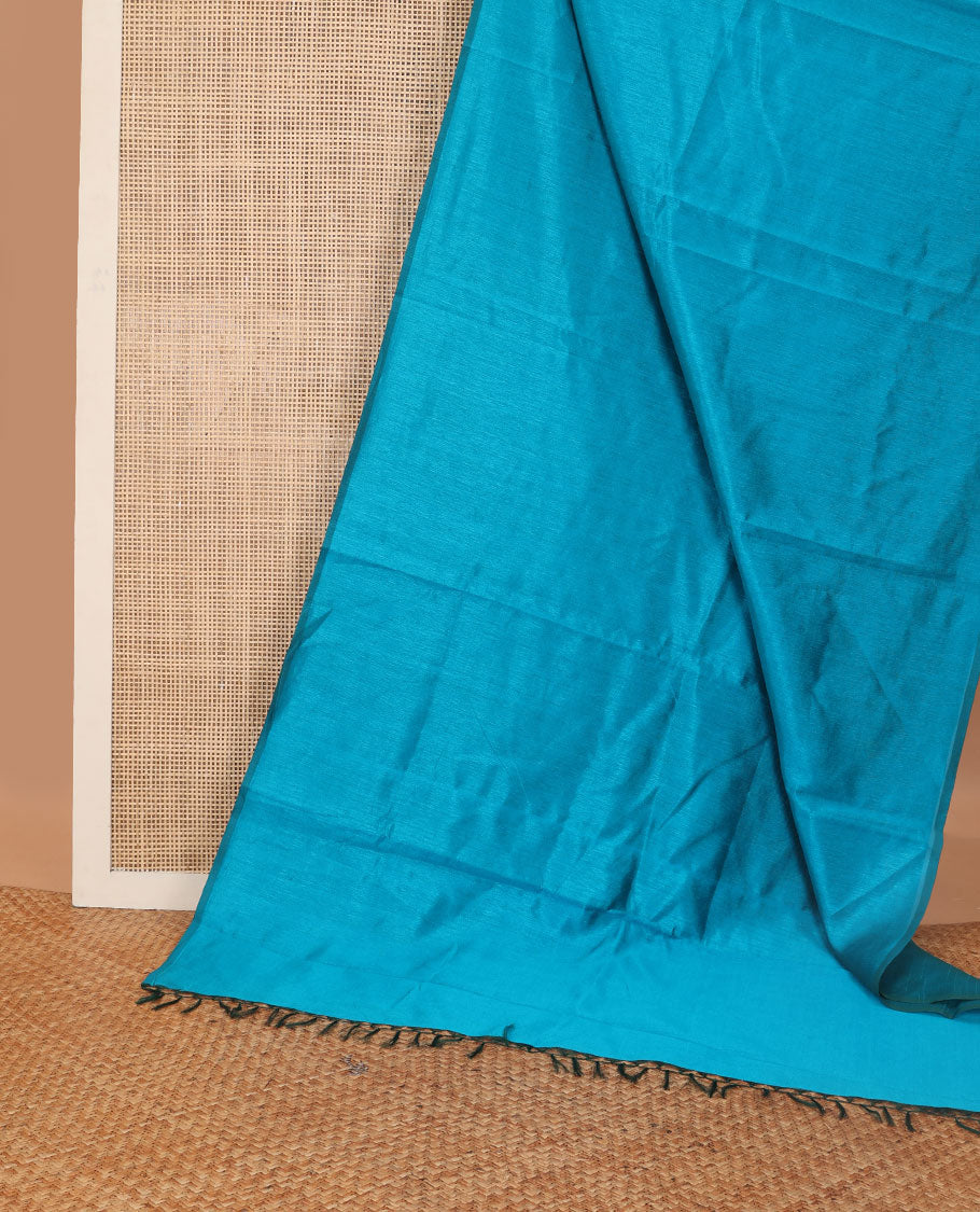 Borderless blue kamala silk saree with contrast floral design blouse