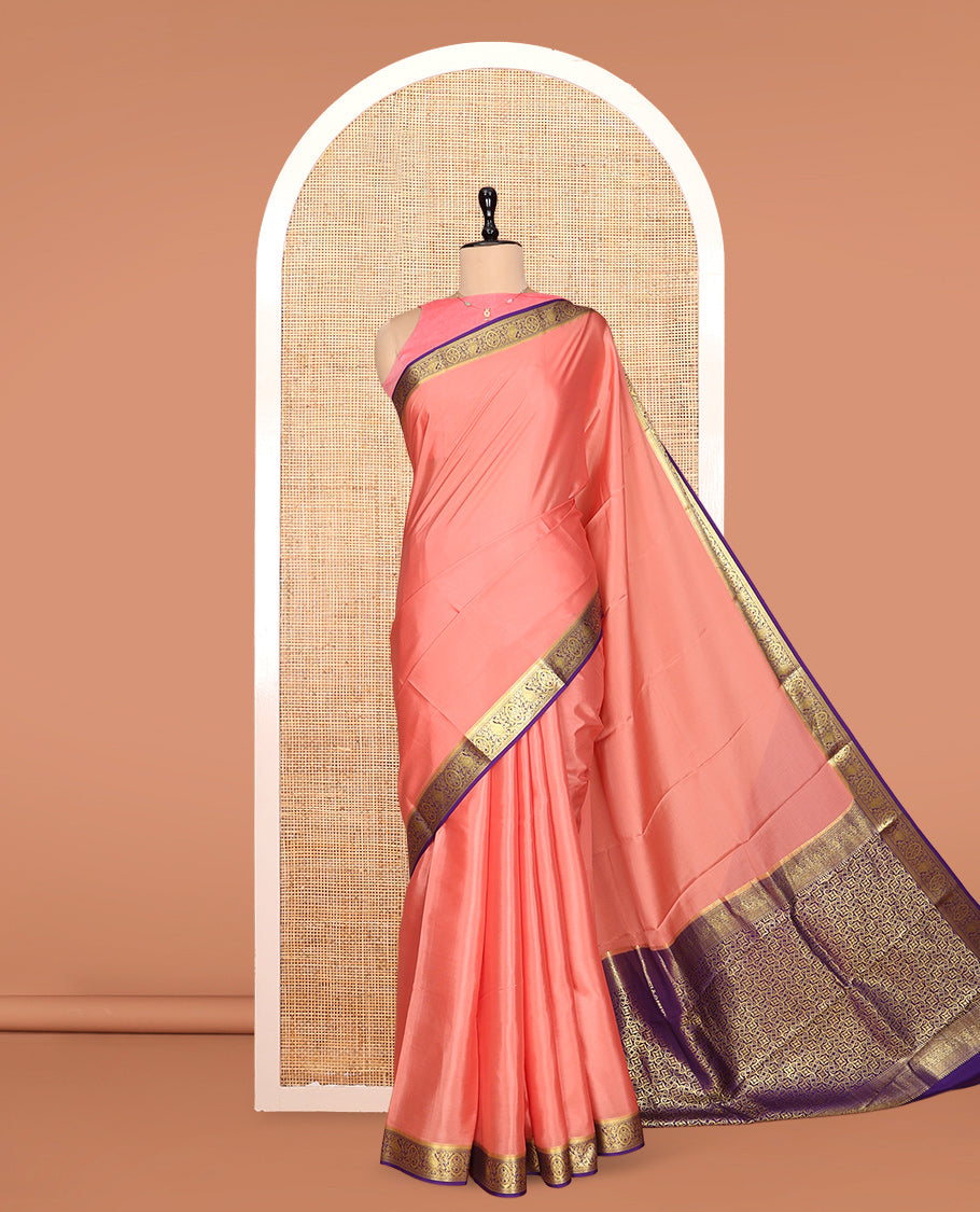 Pink Plain Mysore Silk Saree, Complemented by a Contrast Traditional Zari Border, Intricate Pallu, and a Contrast Blouse