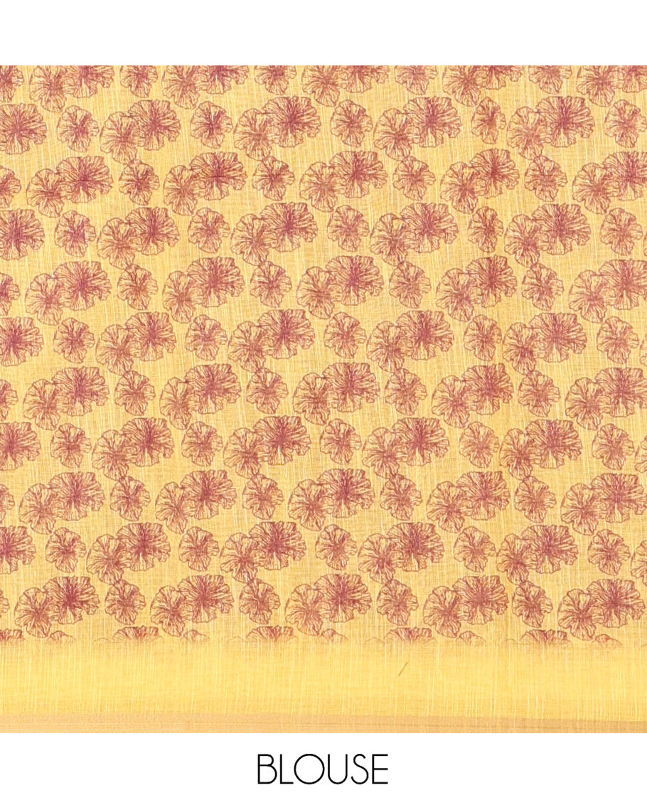 Brown Abstract Printed Linen Cotton Saree, Complemented by a Contrast Border, Floral Printed Pallu, and a Contrast Blouse