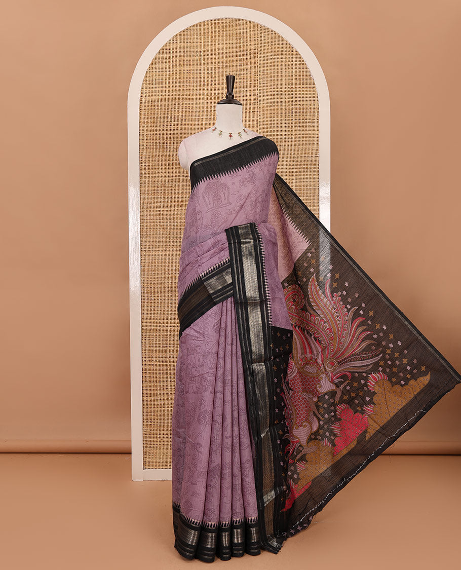 Lavender kalamkari-style flora-fauna printed mercerised cotton saree, contrast temple zari border, kalamkari peacock printed pallu & contrast printed blouse