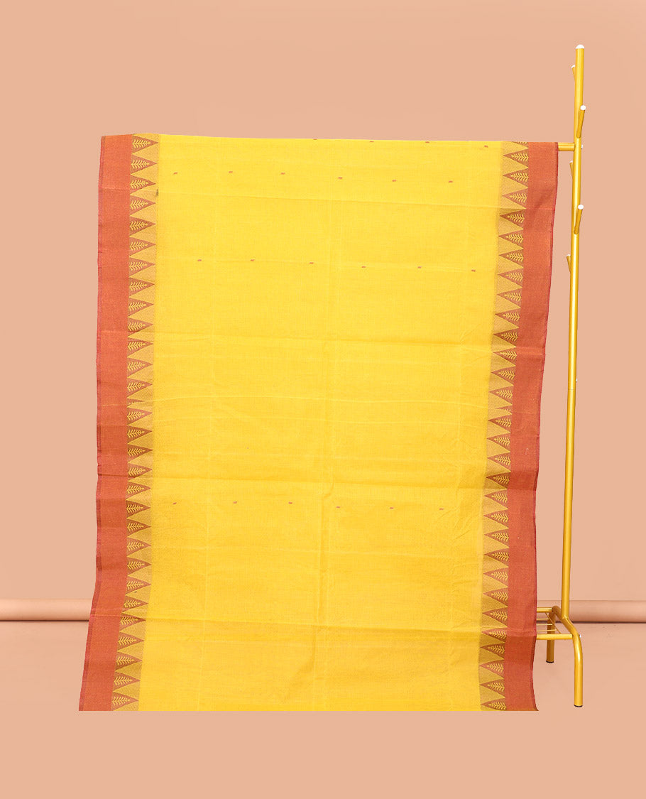 Yellow Bengal Cotton Saree, Adorned with Thread Buttas, Contrast Temple Border, Pallu of Stripes and Buttas, and Matching Blouse