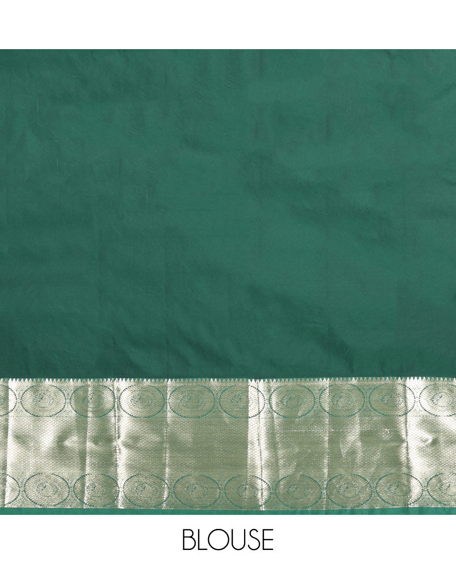 Red Budget Silk Saree, Detailed with Zari Buttas, Complemented by a Contrast Traditional Border, Grand Jaal Pallu, and a Contrast Blouse