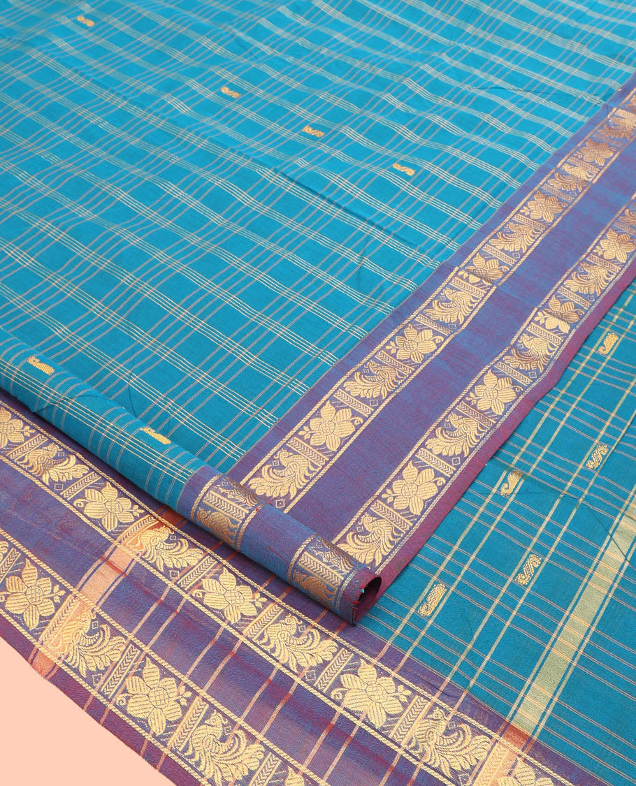 Blue Nine Yard Cotton Saree, Subtly Woven with Butta Enclosed Checks, Complemented by Contrast Rettai Pettu Border, Pallu of Stripes and Buttas, and Comes Without a Blouse