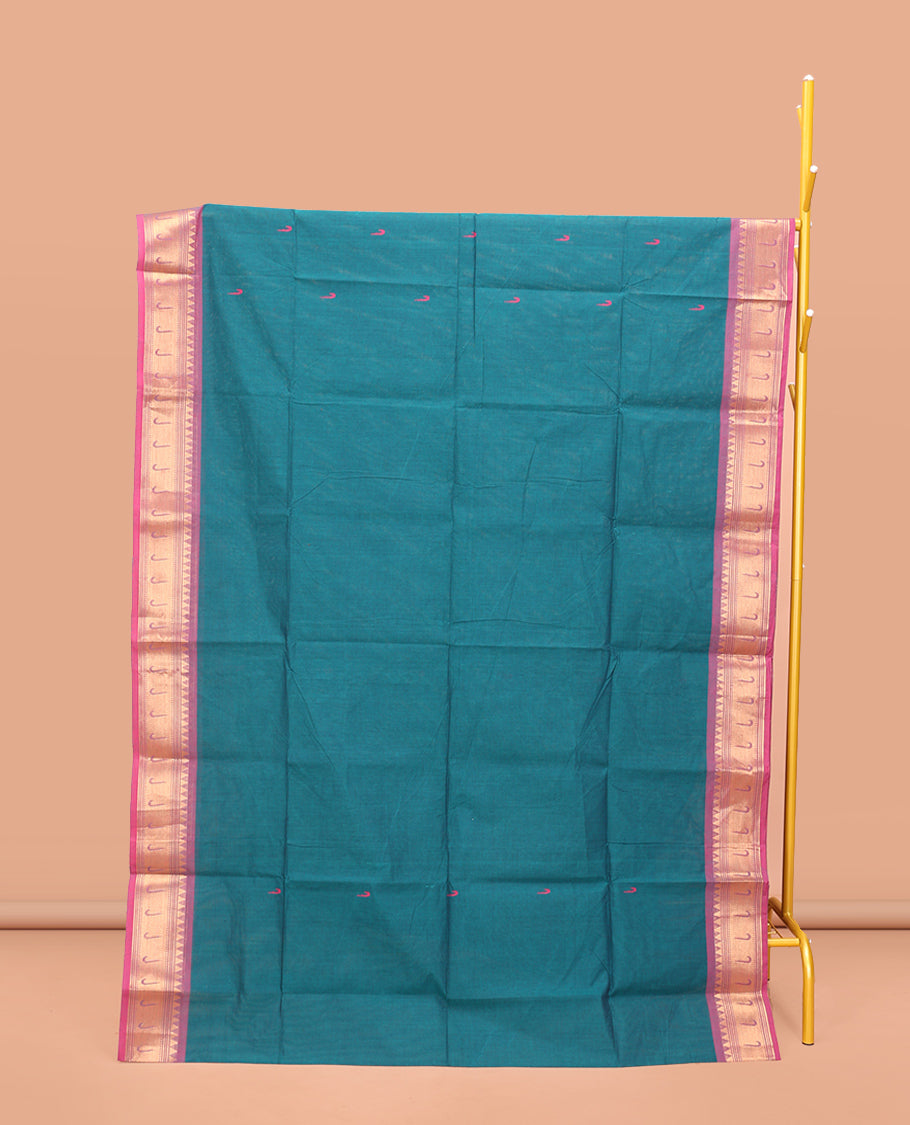 Blue Chettinad Cotton Saree, Steeped with Muniya Buttas on Its Body, Complemented by a Contrast Traditional Muniya Border, Pallu of Stripes, and Paired with a Matching Blouse