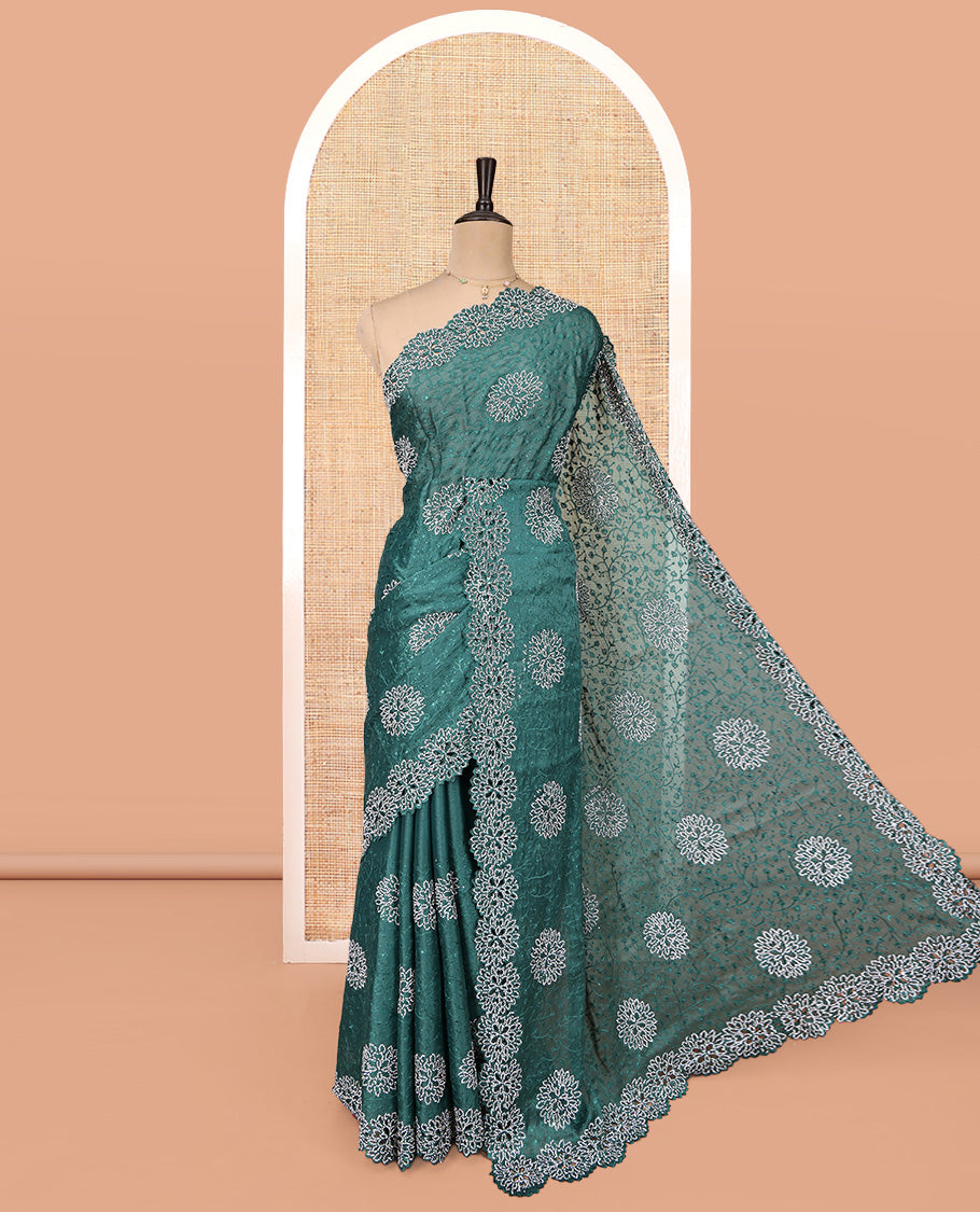 Green Designer Saree Featuring Floral Vine Embroidered and Stone Work All Over Its Body, a Scallop Cut-Embroidered Border, and Matching Blouse