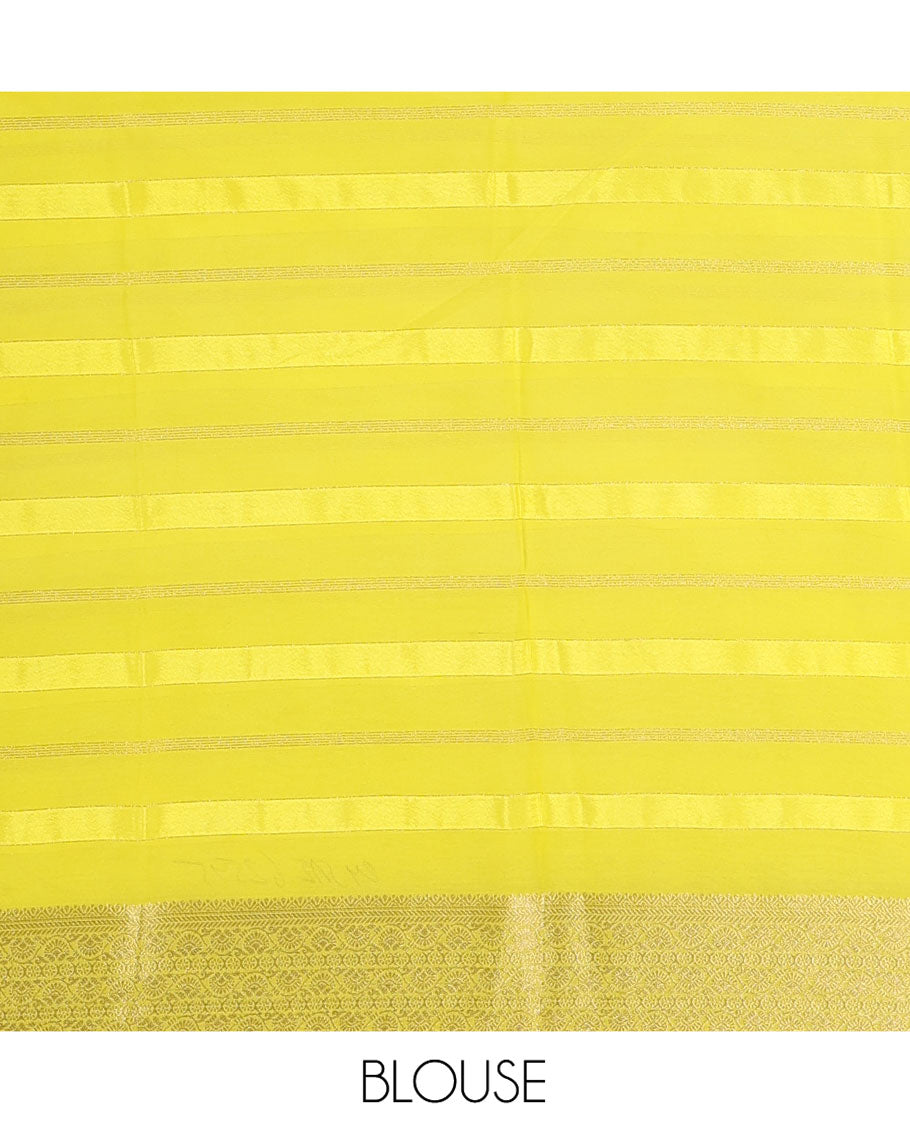 White and Yellow Georgette Saree, Subtly Sparkled with Horizontal Zari Stripes All Over Its Body, Complemented by a Contrast Traditional Zari Design Border, Gleaming Zari Striped Pallu, and Paired with a Contrast Blouse
