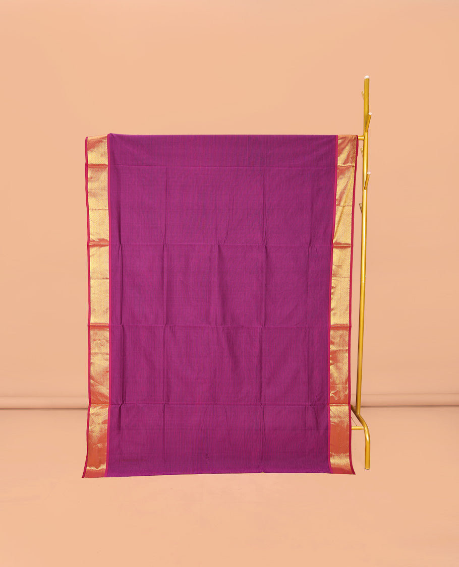 Purple Poly Cotton Saree, Sparsely Sparkled with Stripes On Its Body, Complemented by a Contrast Zari Border, Contrast Striped Pallu, and Paired with a Contrast Blouse