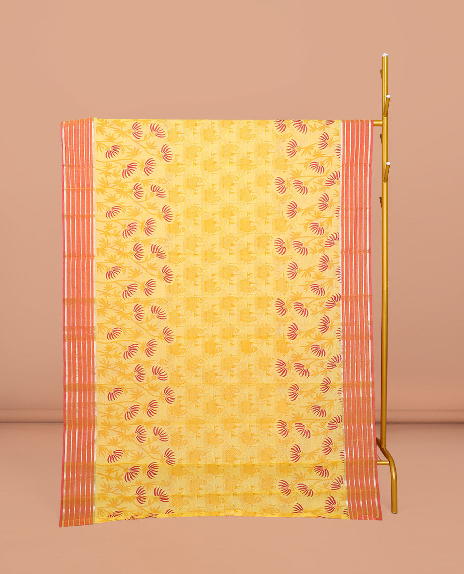 Yellow Chirala Cotton Saree, Decked Up with Swan and Floral Print, Contrast Striped Border, Floral Printed Pallu, and a Matching Blouse