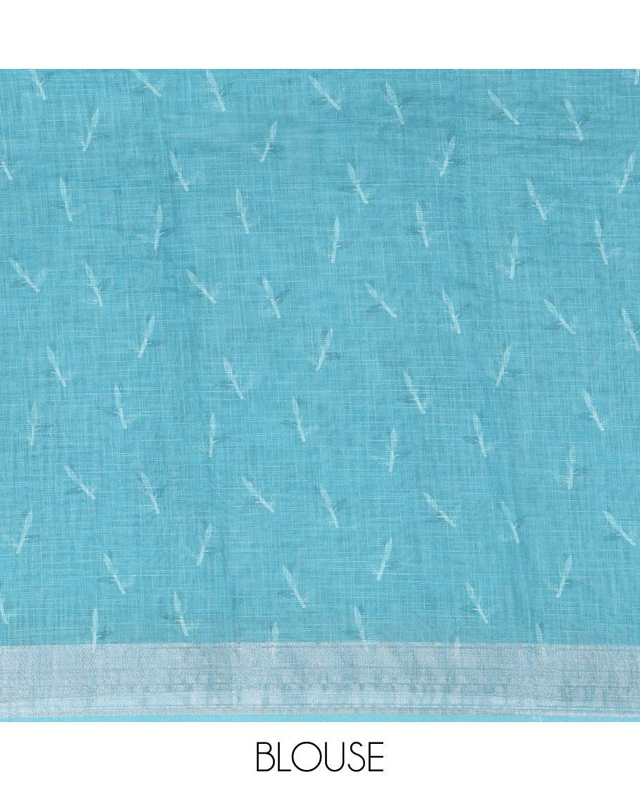 Blue Linen Cotton Saree, Prettified with Leaf Vine Printed on Its Body, Contrast Bavanji Border, Printed Pallu, and Paired with a Contrast Blouse