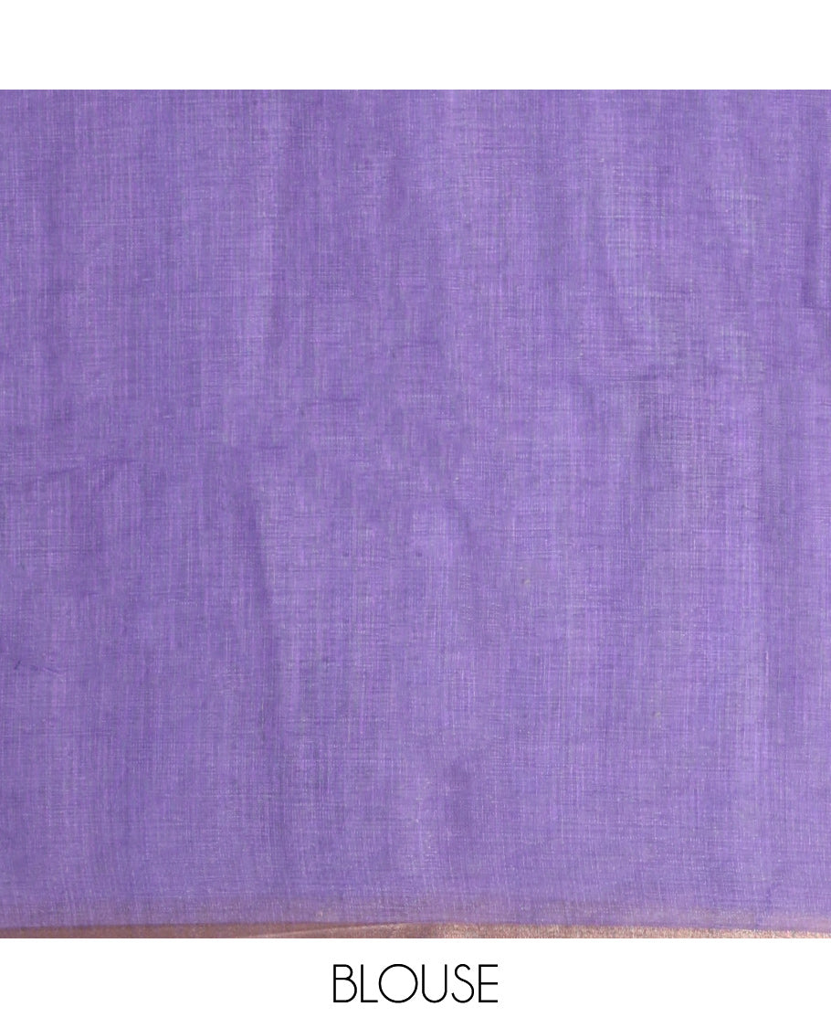 Cream-Purple Linen Cotton Saree Features Paisley Butta and Mirror Work, a Piping Border, a Self-Pallu, a Contrast Blouse