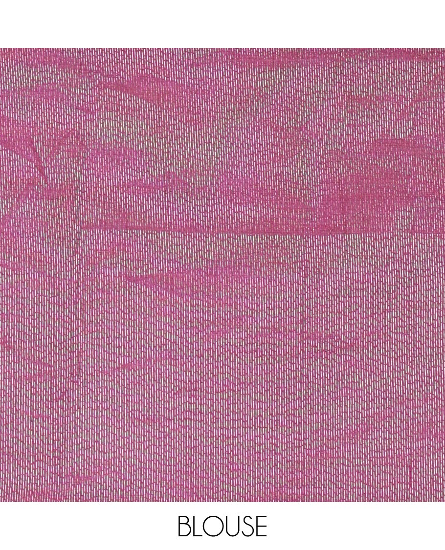 Violet Semi-Tussar Saree Adorned with Gold Zari Stripes and Elegant Paisley Zari Buttas, Featuring a Subtly Shimmering Pallu Adorned with Traditional Zari Designs, and Paired with a Matching Blouse