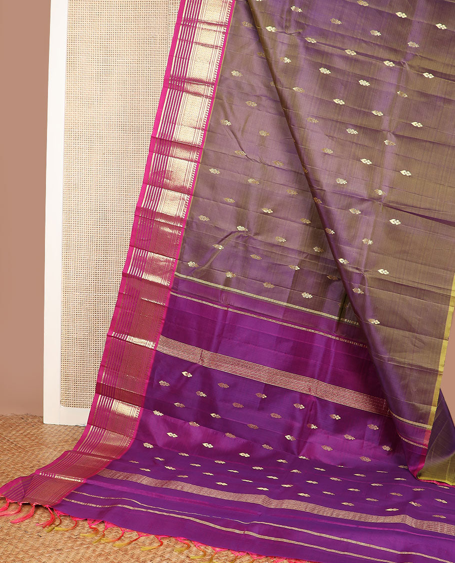 Purple zari buttas kanchipuram silksaree, contrast one-sided border of paneer sombu,banaras,muthu & jaal design & zari design pallu