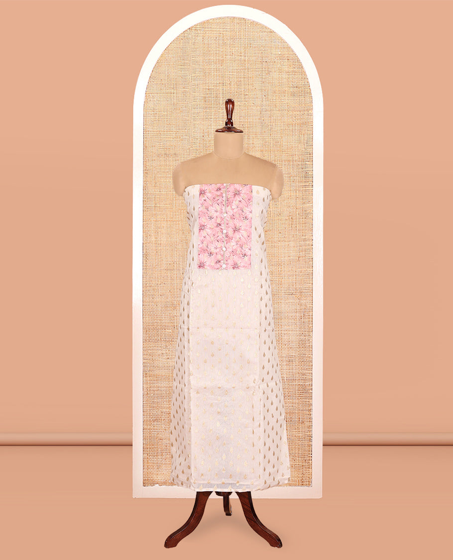 Cream-Pink Banarasi Tissue Chanderi Material Chudidar, Buttas Top, Contrast Bottom, Floral Print Dupatta