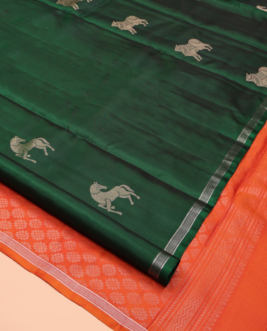 Green Kanchipuram Silk Saree, Crafted with Kuthirai and Pichwai Cow Buttas, a Piping Border, Contrast Intricate Pallu, and a Contrast Blouse