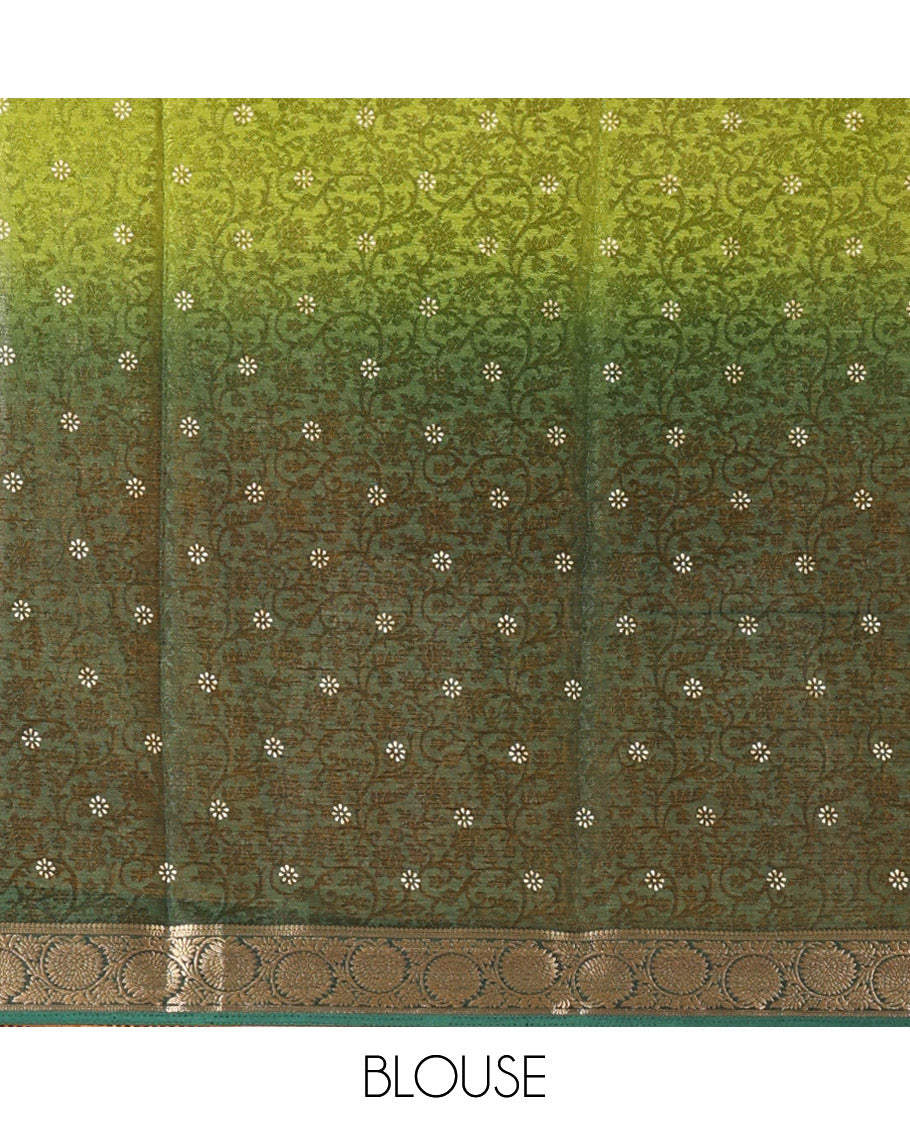 Yellow and Green Candy Chiffon Saree, Bedecked with Floral Vine Embossed, Buttas, and Ombre-Style Dyed on Its Body, Highlighted by Floral Creeper Zari Border, Intricately Designed Pallu, and Paired with a Contrast Blouse