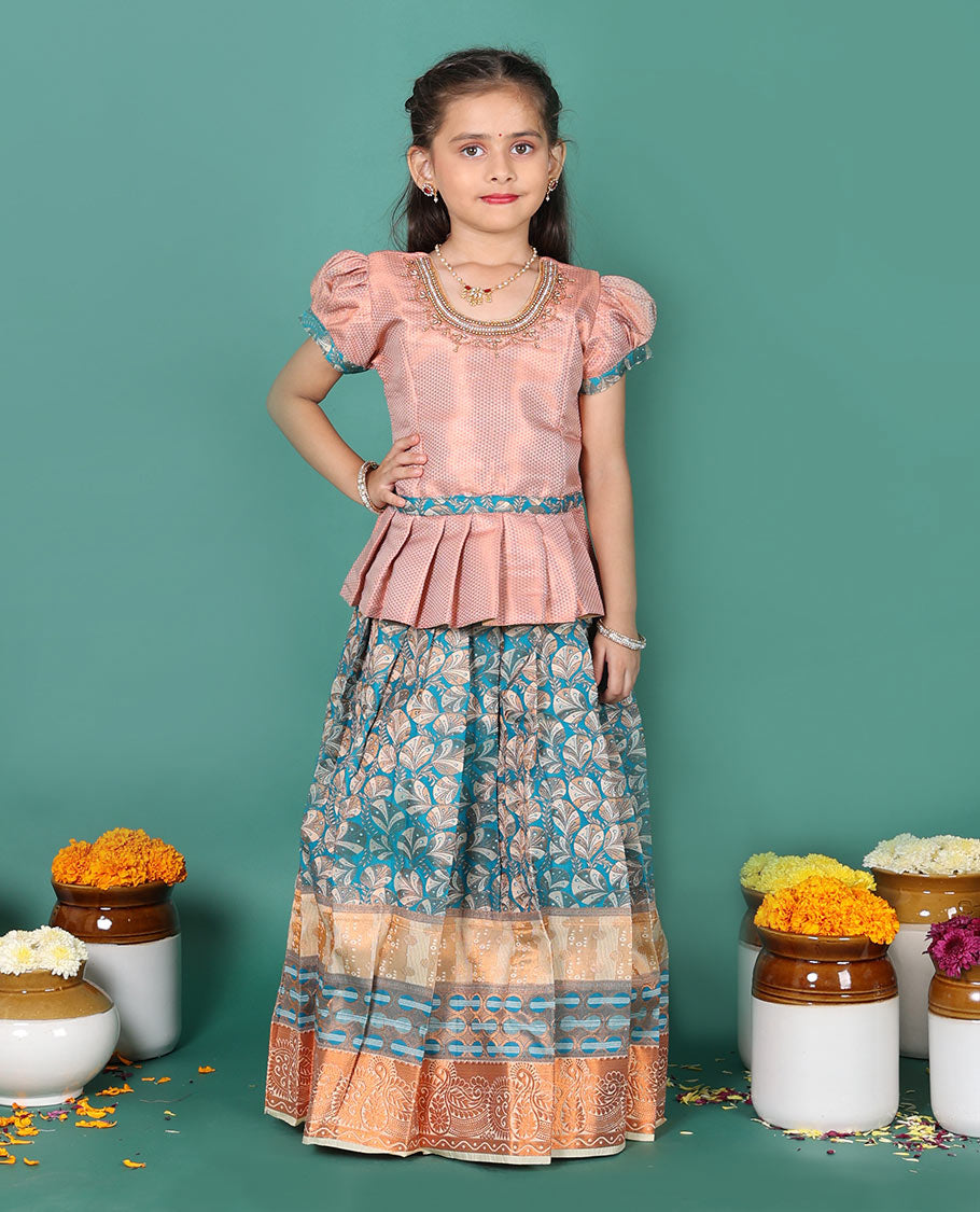 Grey art silk readymade pavadai set, floral jacquard with contrast traditional zari border skirt, contrast embroidered puff-sleeve blouse