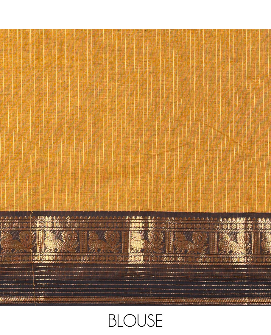 Gold Chettinad Cotton Saree Subtly Sparkled with Stripes All Over Its Body, Complemented by Contrast Traditional Zari Border of Peacock Designs, Subtly Striped Pallu, and Paired with a Matching Blouse